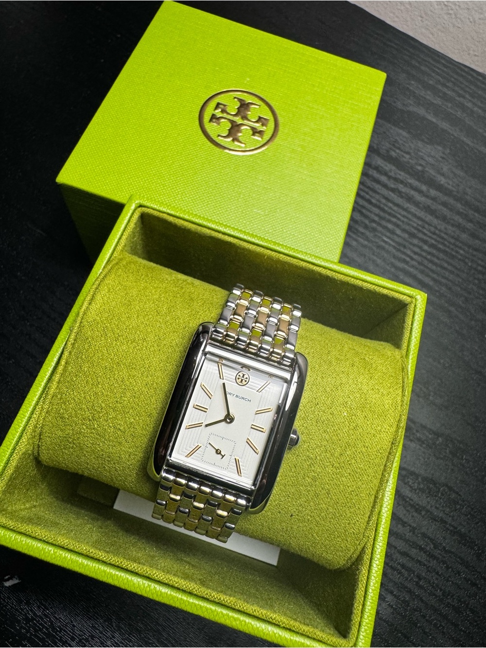 Tory Burch Eleanor Two-Tone Stainless Steel Watch with Neon Green Jewelry Box